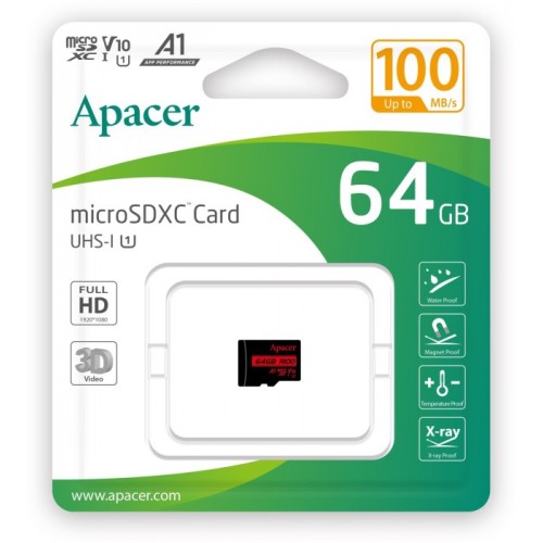 Карта памяти Apacer microSDXC UHS-I 64GB R100 V10 A1 (AP64GMCSX10UB-RA)