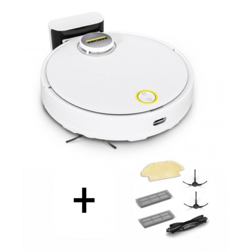 Karcher Робот-пилосос RCV 3, 400Вт, h=9.4см, вологе прибирання, конт пил -0.5л, вода -0.17л, автон. робота до 120хв, вага-3.7кг, НЕРА,+ набір акс., білий