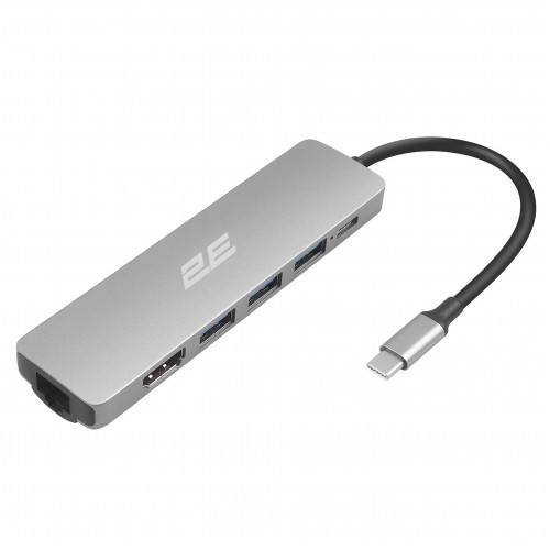 Хаб 2E USB-С > 2хUSB-A 2.0/USB-A 3.0/USB-C PD/HDMI/Ethernet, 0.15м, сірий