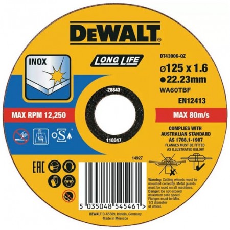 Диск відрізний по металу DeWalt INOX Long Life 125х1.6х22.23 Диск відрізний по металу DeWalt INOX Long Life 125х1.6х22.23