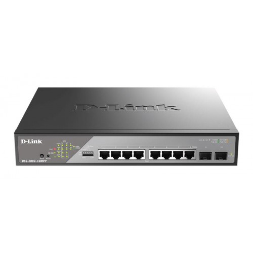 D-Link Комутатор DSS-200G-10MPP 8xGE PoE, 2xSFP, 242Вт, Некерований