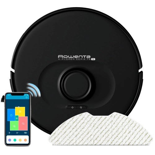 Rowenta Робот-пилосос X-Plorer Serie 75 S, h=9.5см, вологе прибирання, конт пил -0.4л, вода -0.3л, автон. робота до 120хв, НЕРА, управління через смартфон, чорний