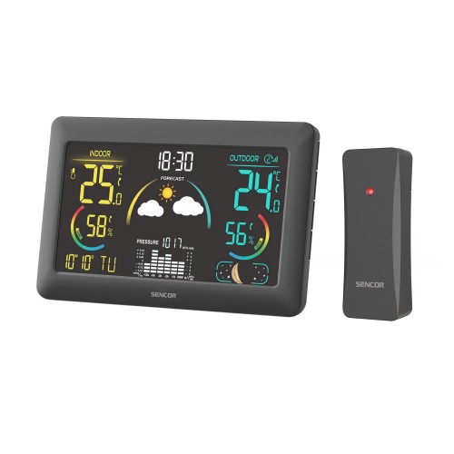 Метеостанція Sencor, внутр/зовн вимірювання, від мережі/AAх3+AAx2, темп-ра, вологість, час, прогноз погоди, чорний Метеостанція Sencor, внутр/зовн вимірювання, від мережі/AAх3+AAx2, темп-ра, вологість, час, прогноз погоди, чорний
