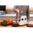 ARDESTO М'ясорубка, 1600Вт, продук.-1.6кг/хв, 3 решітки + для ковб., кеббе, 3 терки, пластик, біло-сріблястий