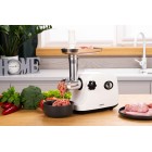 ARDESTO М'ясорубка, 1600Вт, 1.6кг/хв, 3 решітки, насадка для ковбас, кеббе, пластик, білий