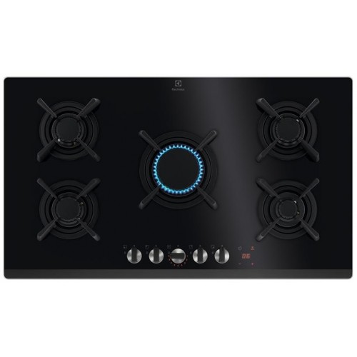 Electrolux Варильна поверхня газова на склі, 90см, чавун, електрон. керування, Hob2Hood, чорний