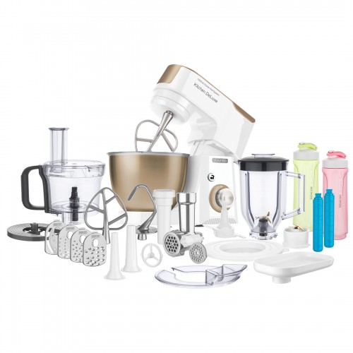 Sencor Кухонна машина 1000Вт, чаша-метал, корпус-пластик, насадок-25, біло-золотий